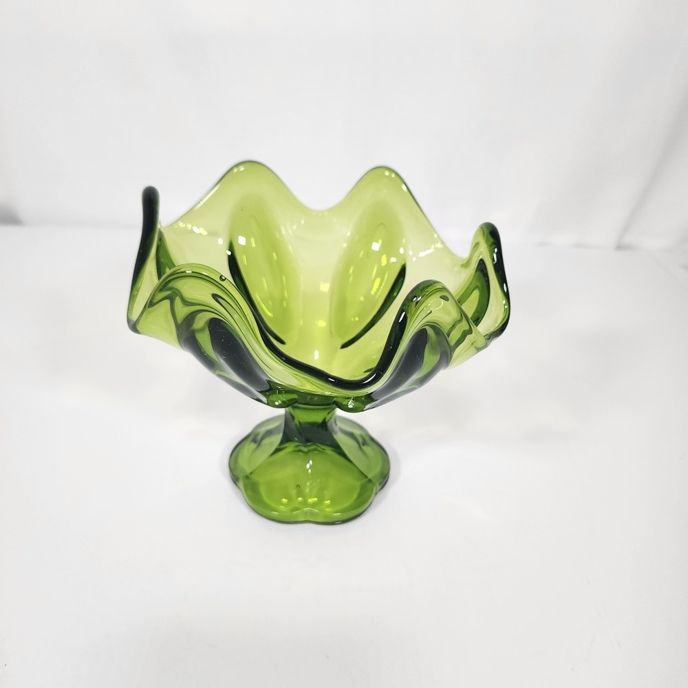 MCM L.E.Smith Epic 6 Petal Large Green Art Glass Compote / Footed Dish